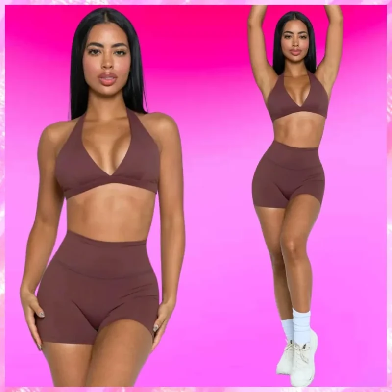 Halter Sports Bra and Short Set In Brown
