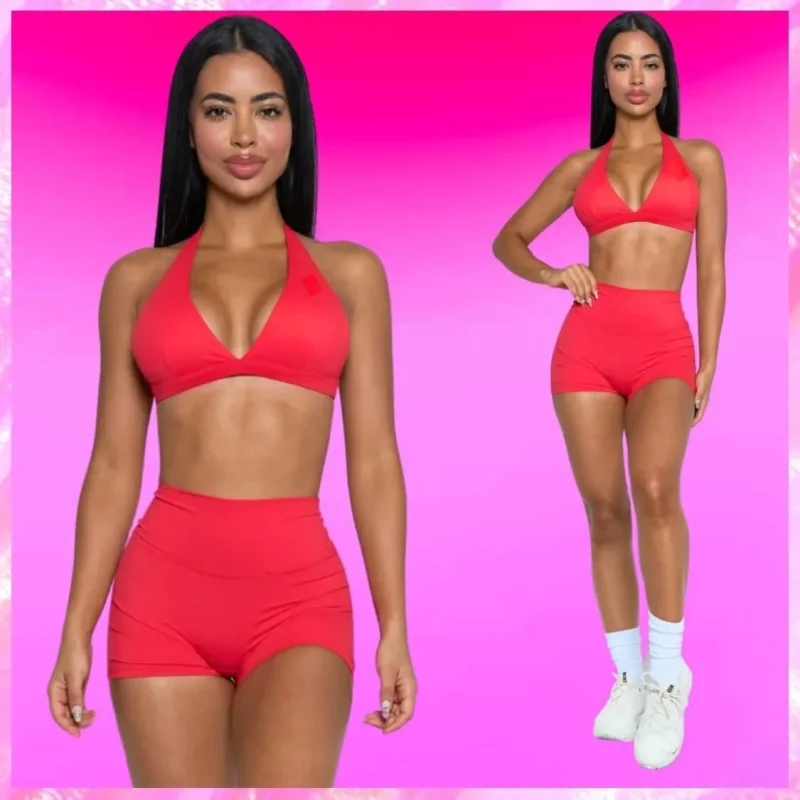 Halter Sports Bra and Short Set In Red