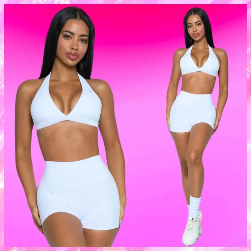 Halter Sports Bra and Short Set In White
