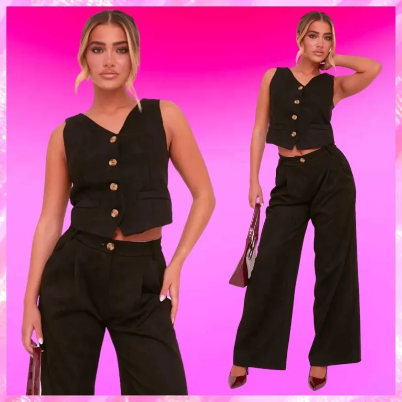 Pleat Detail Wide Leg Trousers Set