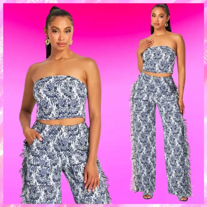 Tube Top Jacquard Pant Set In Blue
