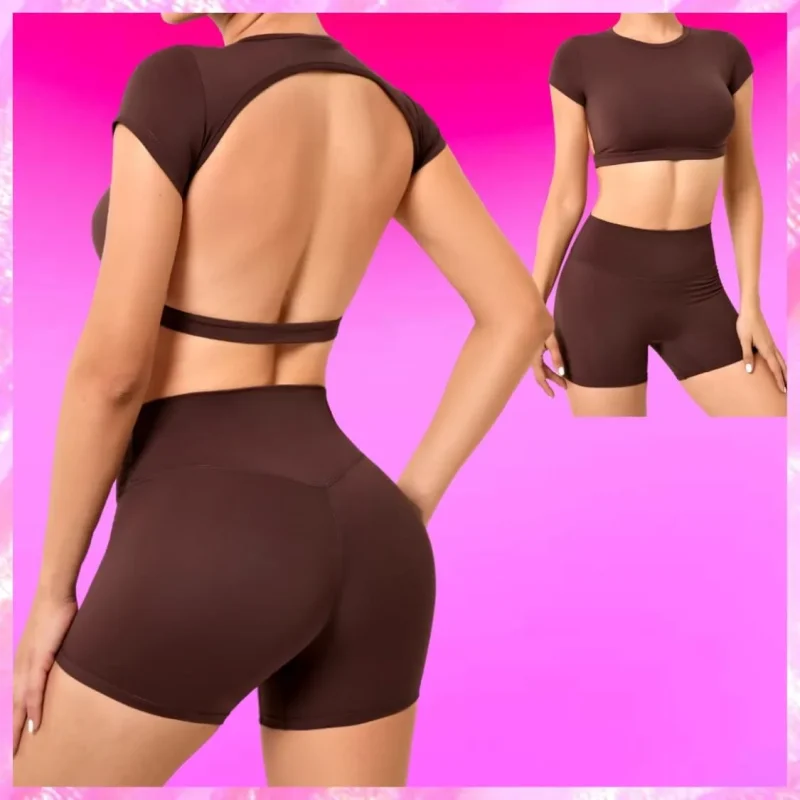 Backless Top Biker Shorts Set In Brown