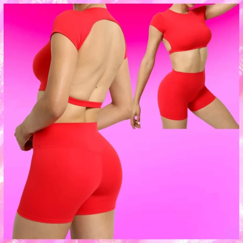 Backless Top Biker Shorts Set In Red