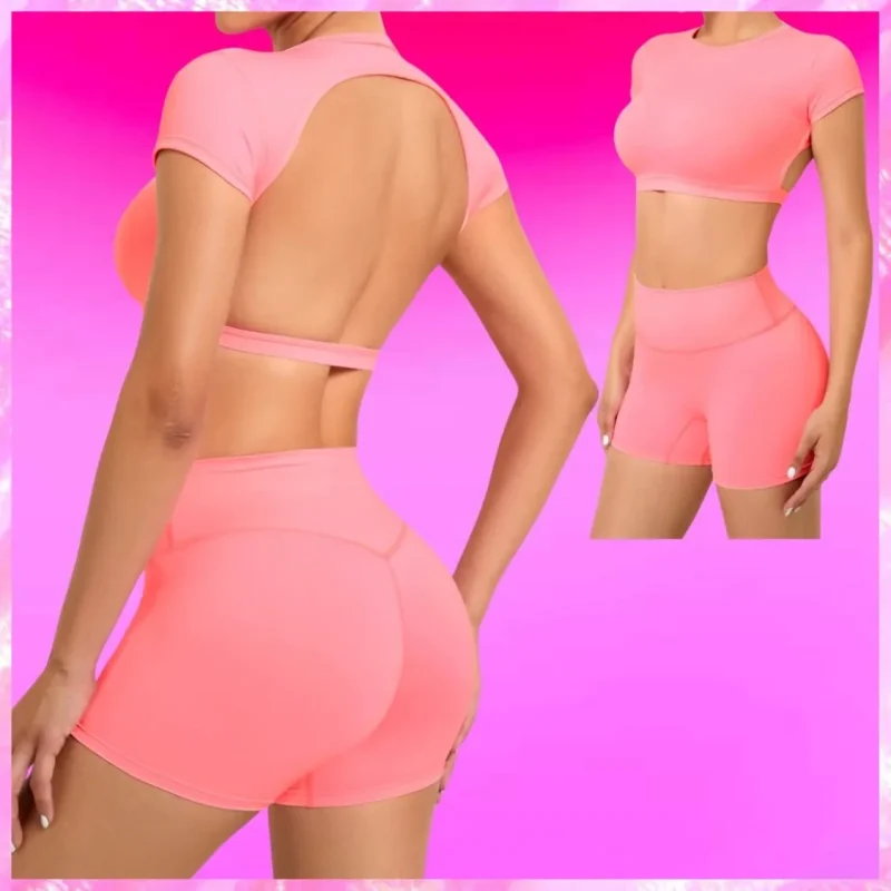 Backless Top Biker Shorts Set In Pink