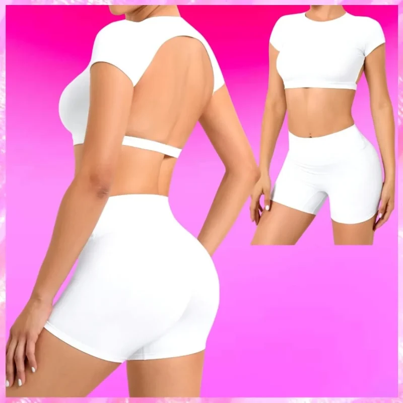 Backless Top Biker Shorts Set In White
