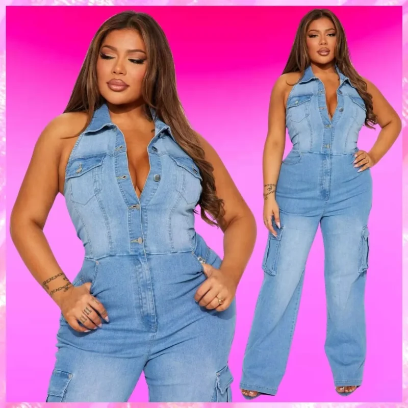 Plus Cargo Denim Jumpsuit In Light Wash