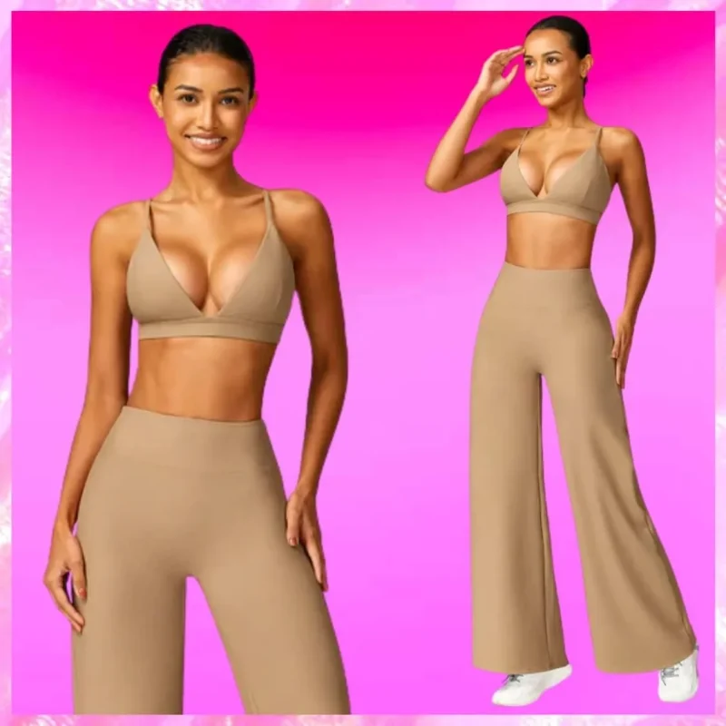 Deep V Backless Flared Leg Pant Set In Beige