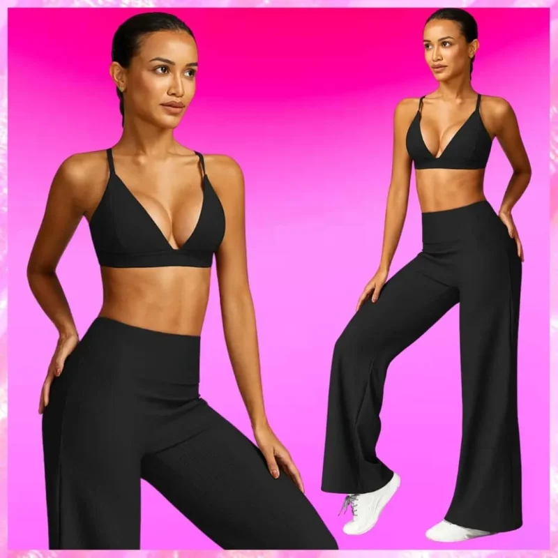 Deep V Backless Flared Leg Pant Set In Black