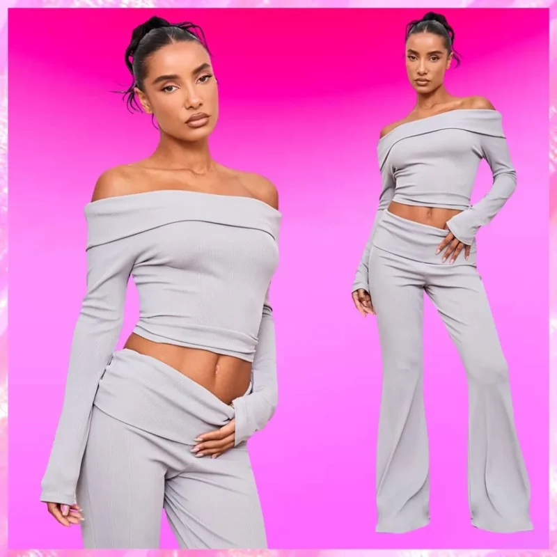 Fold Over Bardot Flute Sleeve Pant Set