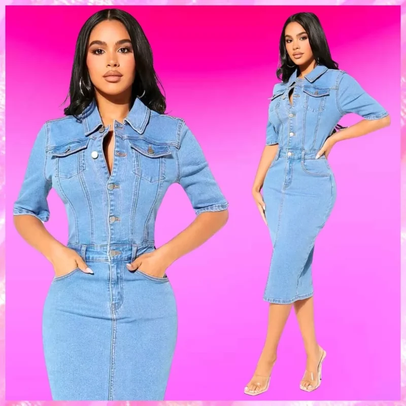 Model wearing milan half sleeve button front denim dress in light blue