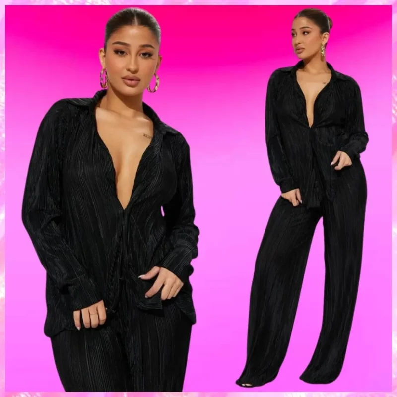Plisse Pant Set In Black
