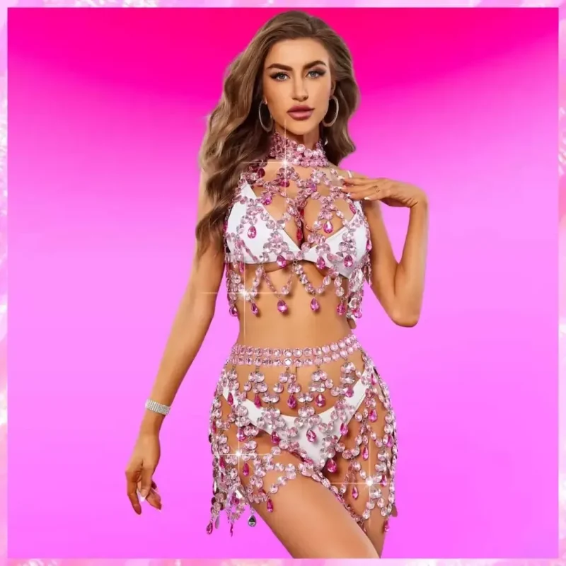 Model wearing metal rhinestone festival cover up dress in pink