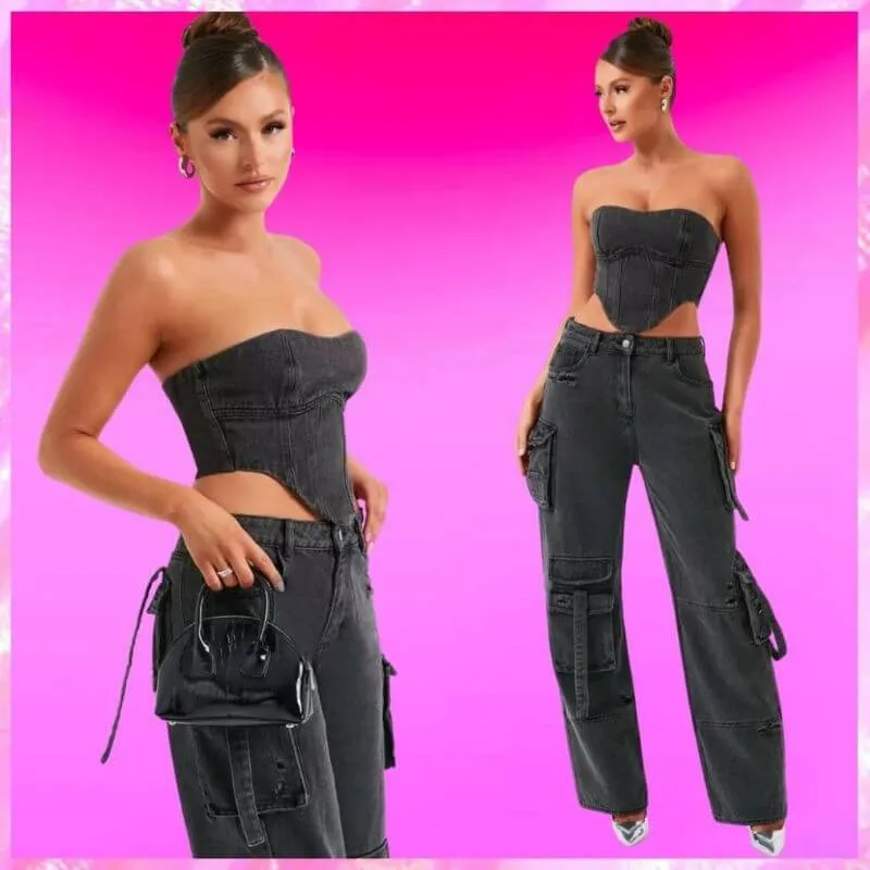 Wide Leg Cargo Denim Pants In Black