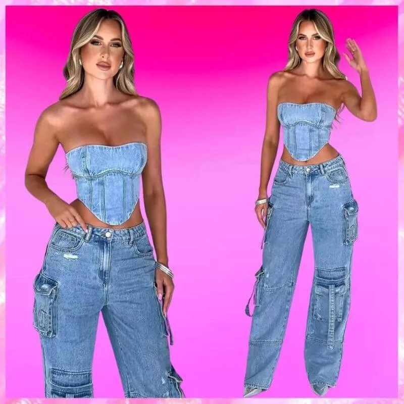 Wide Leg Cargo Denim Pants