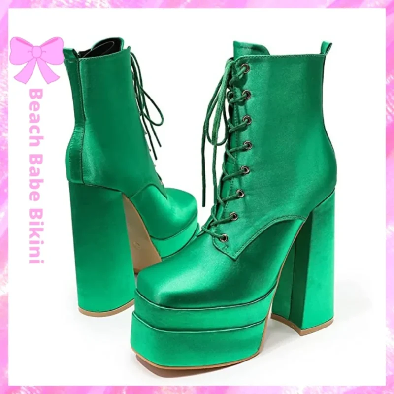 Satin Chunky Heel Boots Green