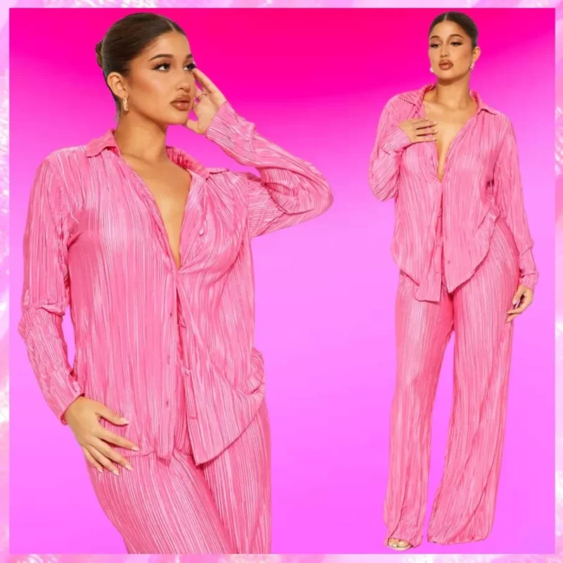 Plisse Pant Set In Pink