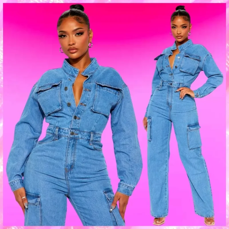 Cargo Straight Leg Denim Jumpsuit