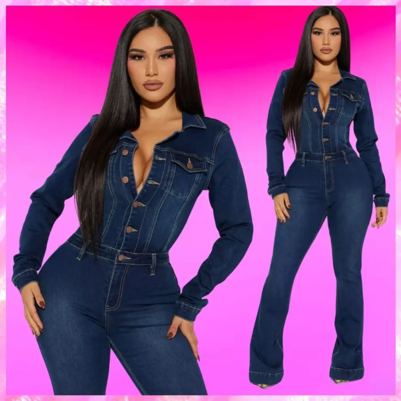 Leg Denim Jumpsuit In Dark Blue