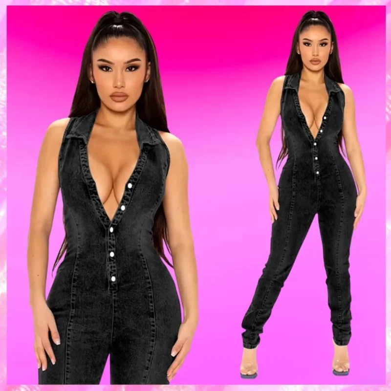 Sleeveless Collared Denim Jumpsuit In Black
