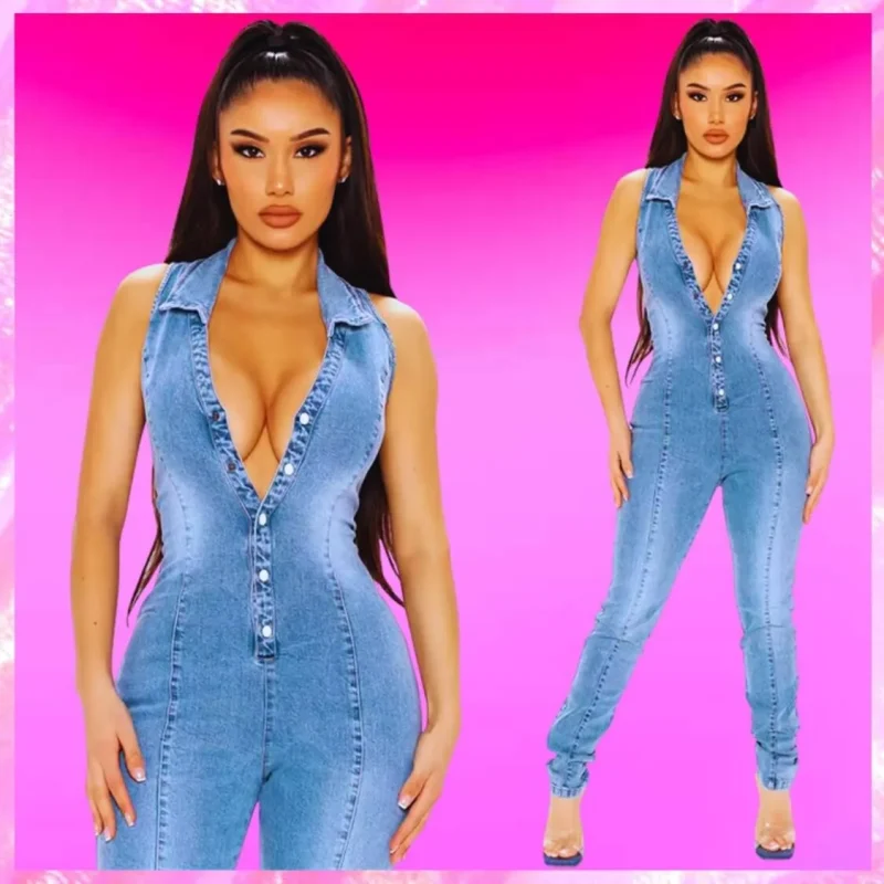 Sleeveless Collared Denim Jumpsuit In Light Blue