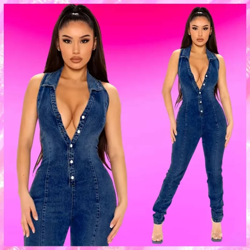 Sleeveless Collared Denim Jumpsuit In Dark Blue