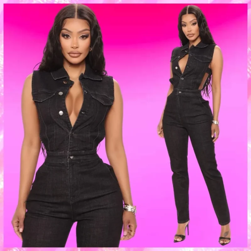 Sleeveless Denim Jumpsuit In Black