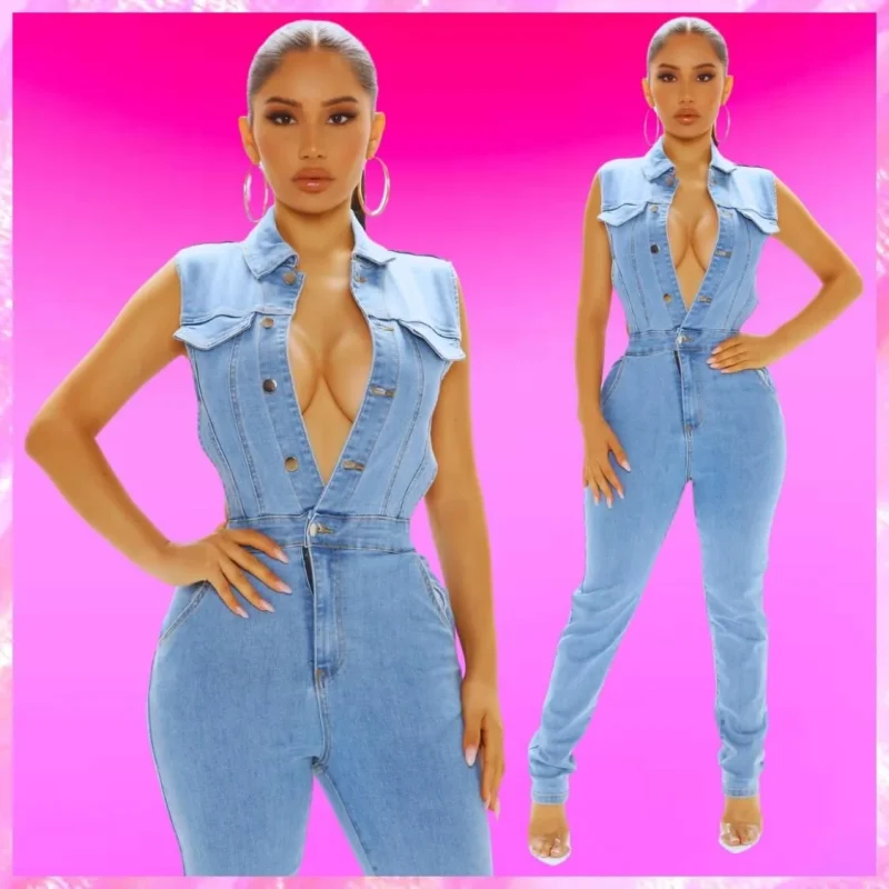 Sleeveless Denim Jumpsuit Light Blue
