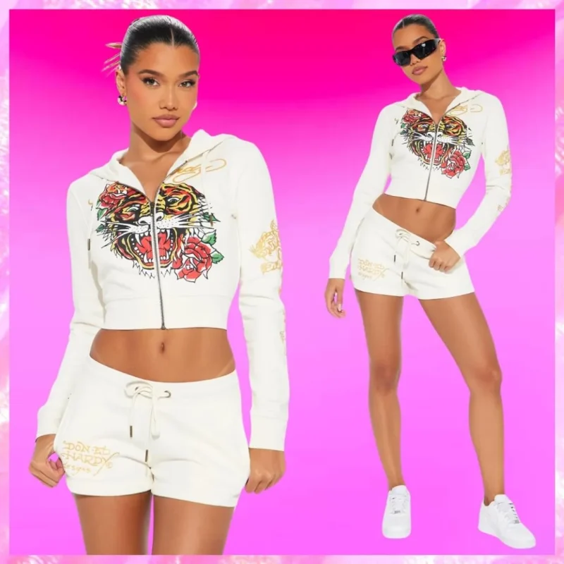 Tattoo Print Zip Hoodie Shorts Set