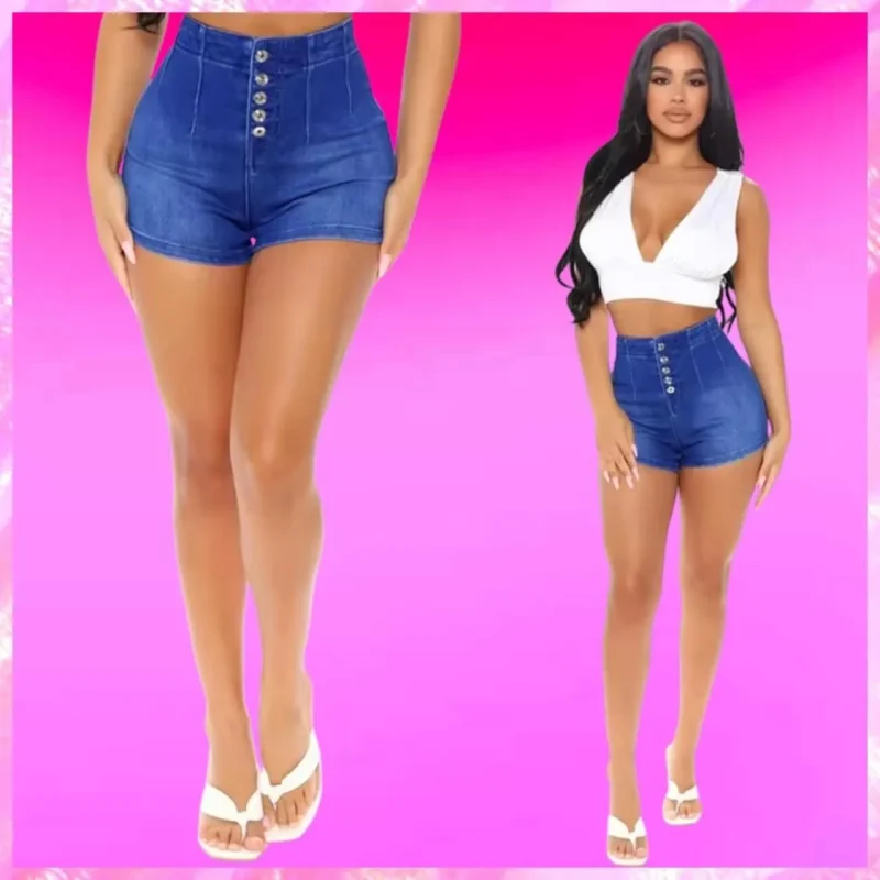 High Waist Button Denim Shorts