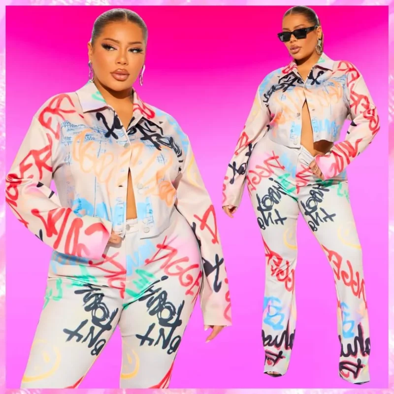 Plus Graffiti Button Up Pant Set