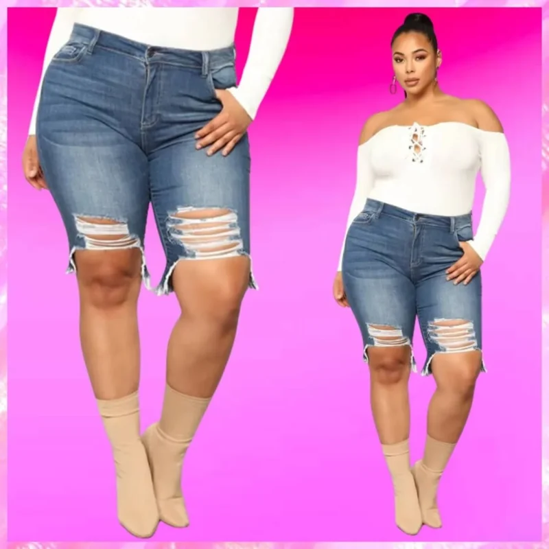 Plus Size Raw Hem Bermuda Denim Shorts
