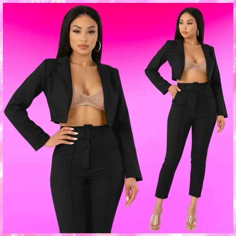 Polyester Crop Blazer Jacket Skinny Pant