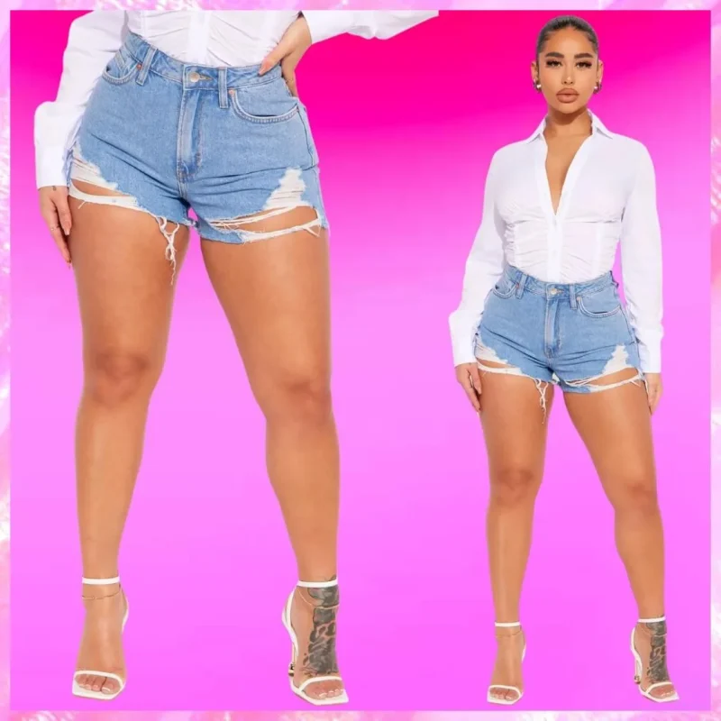 Ripped Non Stretch Denim Shorts
