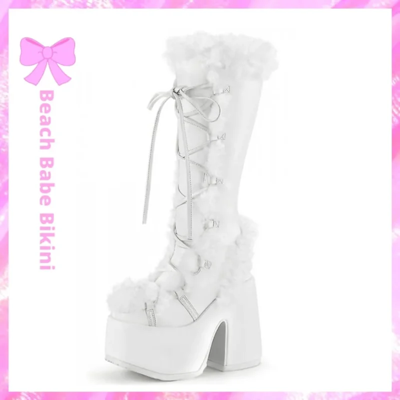 Fur Trim Mid Calf Boots White