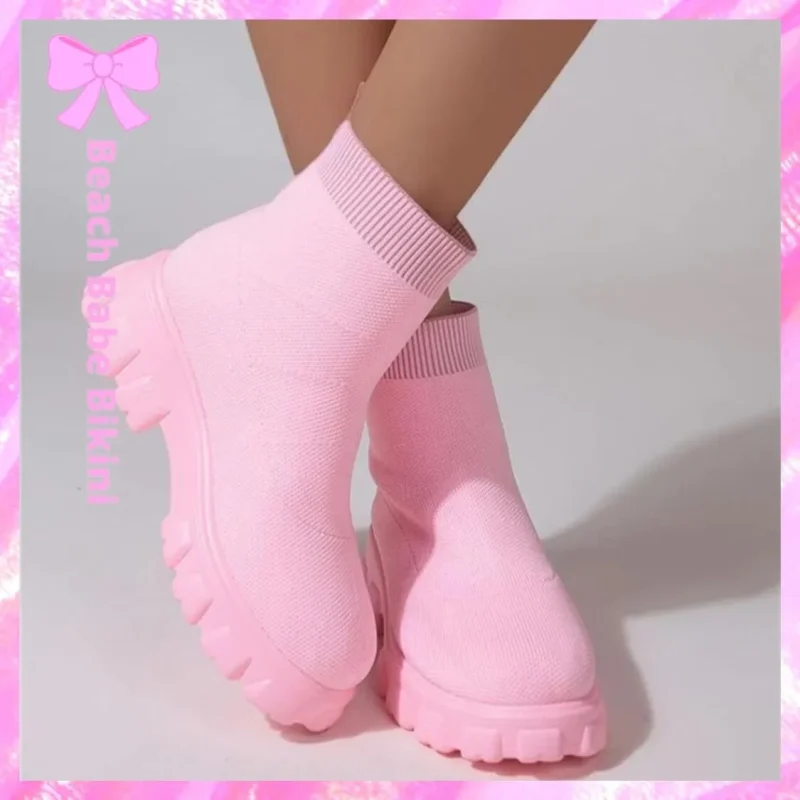 Lug-Sole Sock Booties Pink