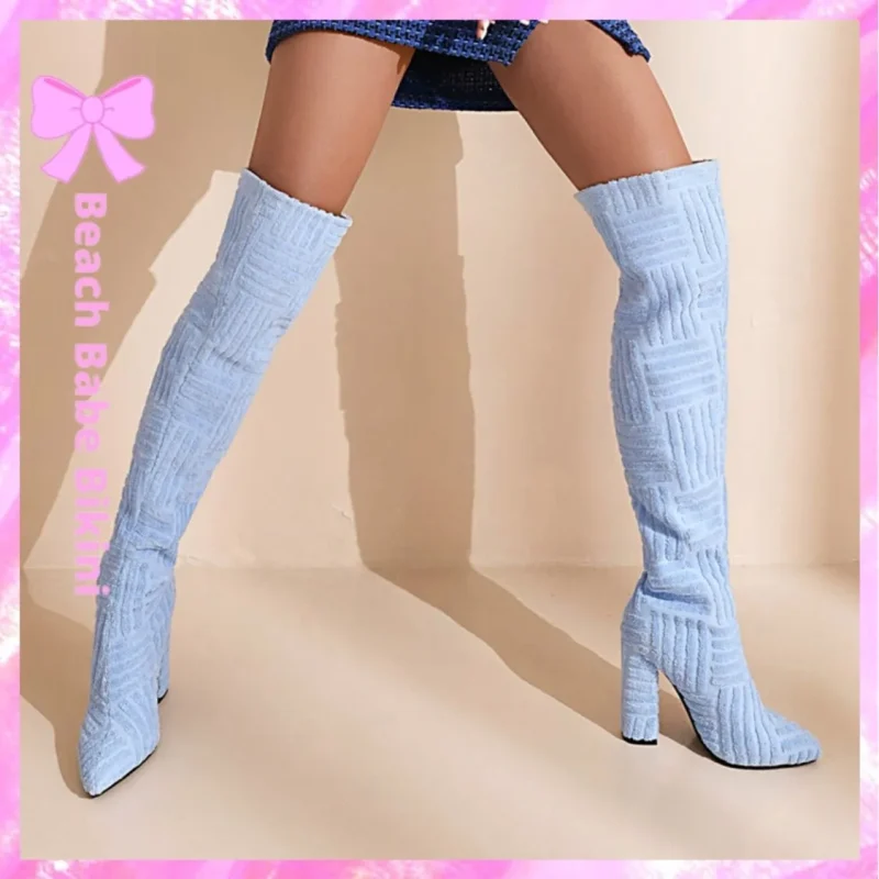 Raised Suede Over The Knee Boots Blue