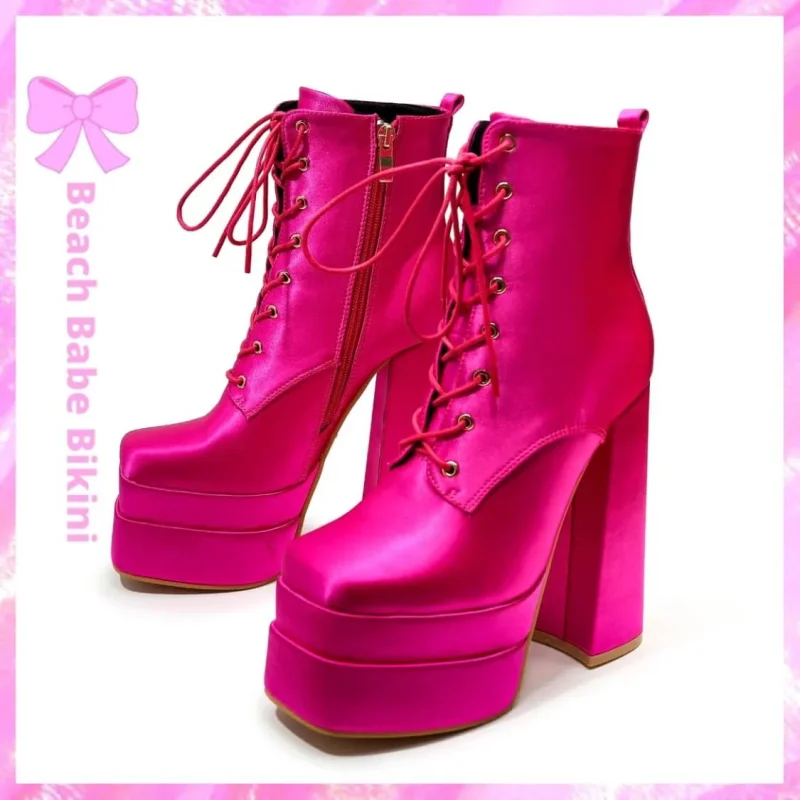 Satin Chunky Heel Boots Pink
