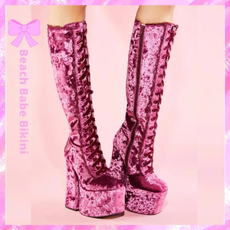 Velvet Knee High Platform Boots