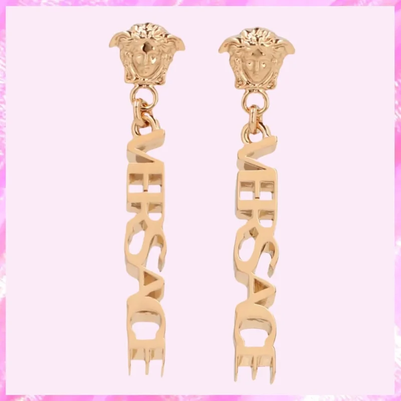 designer medusa logo drop earrings in gold tone product detail