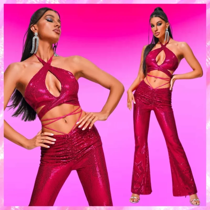 Sequin Halter Top Pants Set