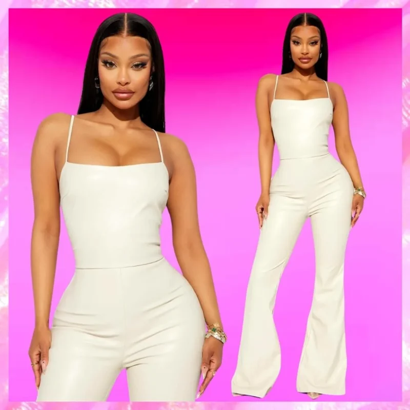 Faux Leather Strappy Flared Jumpsuit