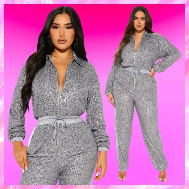 Zip Front Sequin Jumpsuit