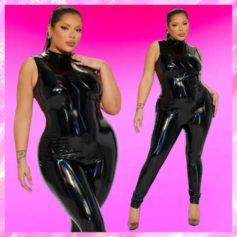 Plus Halter Holographic Latex Jumpsuit