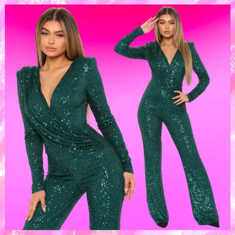 Long Sleeve Green Sequin Jumpsuit