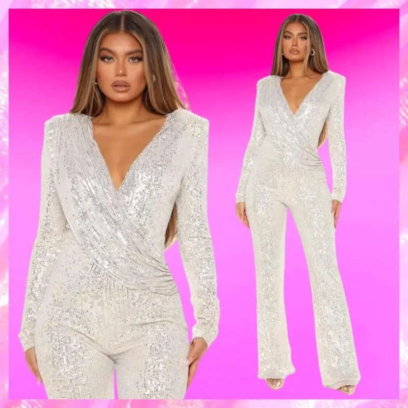 Long Sleeve Silver Sequin Jumpsuit