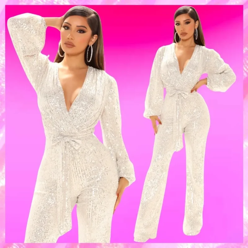 Silver Plunging Sequin Jumpsuit