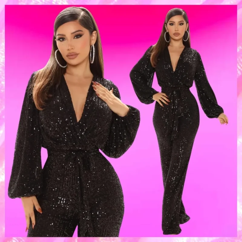 Black Plunging Sequin Jumpsuit