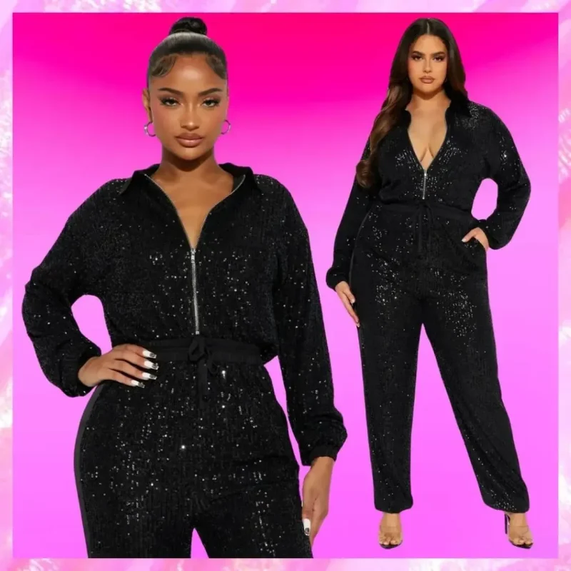Zip Front Black Sequin Jumpsuit
