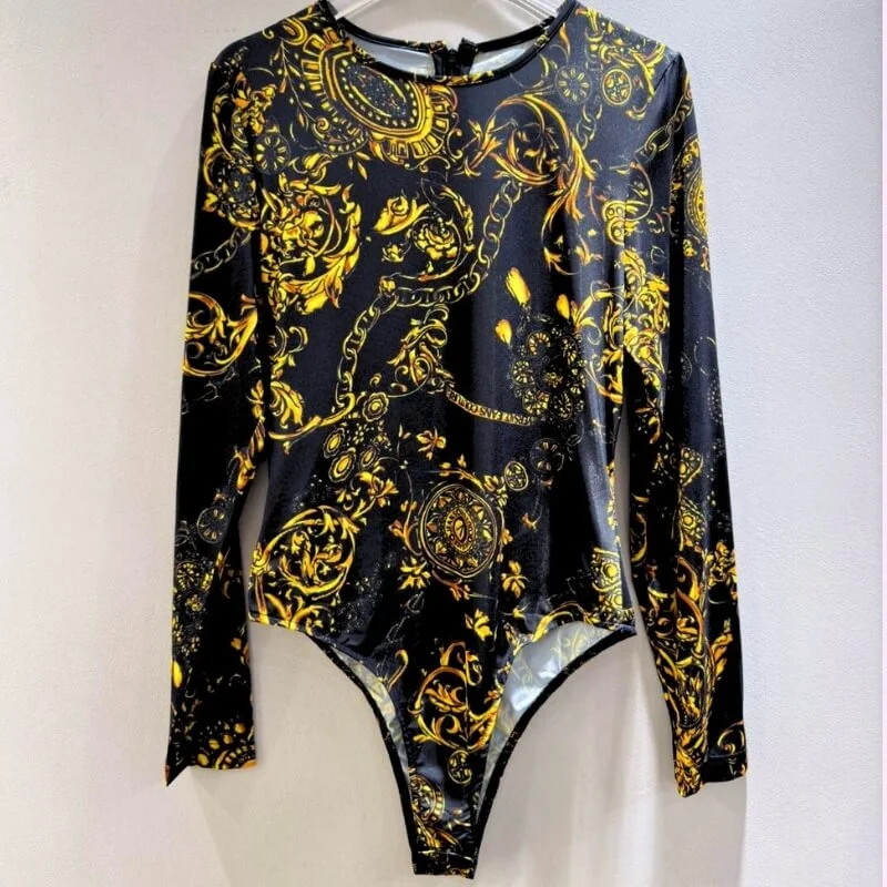 Baroque Chain Print Long Sleeve Bodysuit High Cut Slim Fit