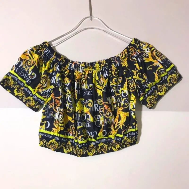 Baroque Graphic Off Shoulder Crop Top Elastic Ruffle Blouse